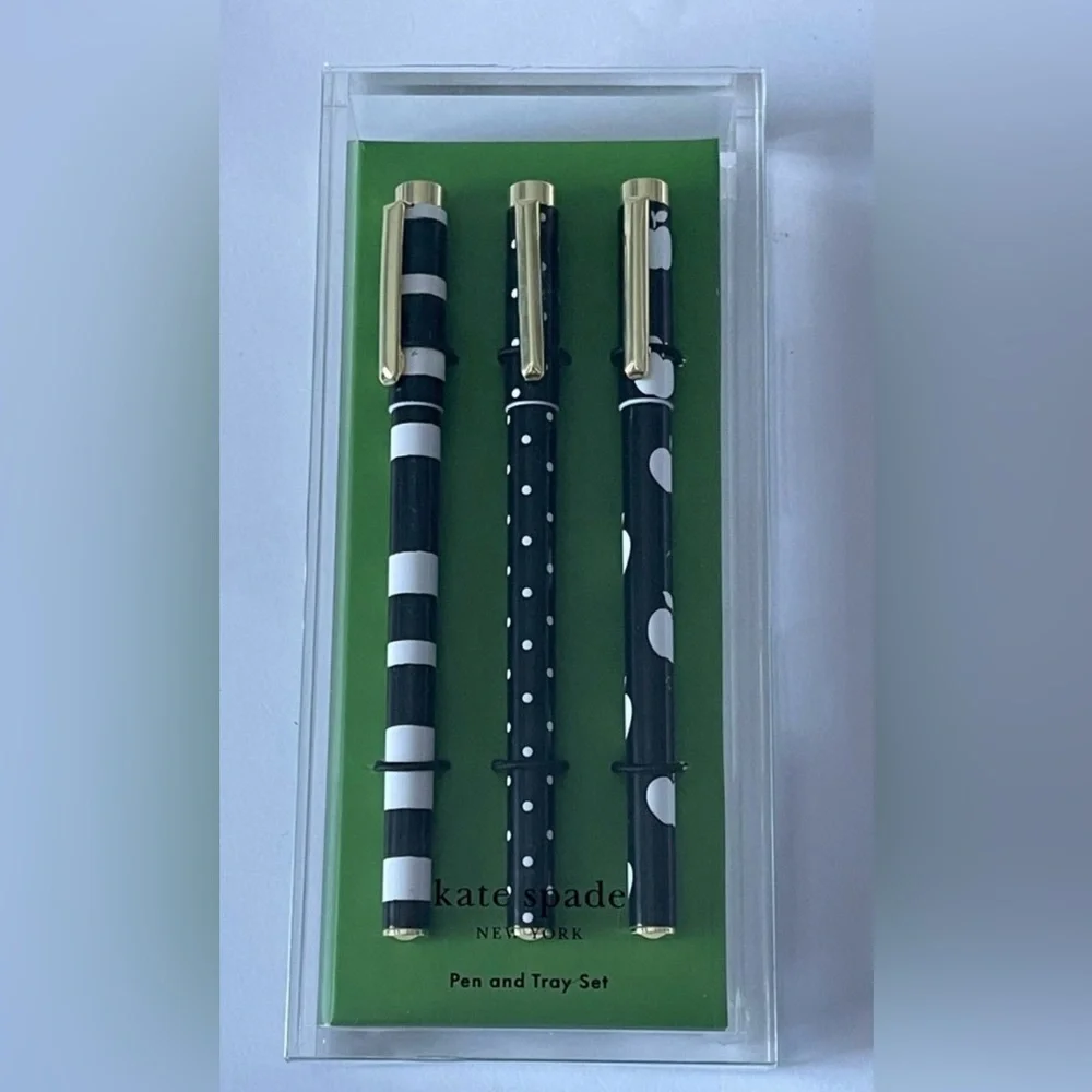 Kate Spade Dots & Stripes Fine Tip Pen Set With Acrylic Tray, NEW WITH TAGS